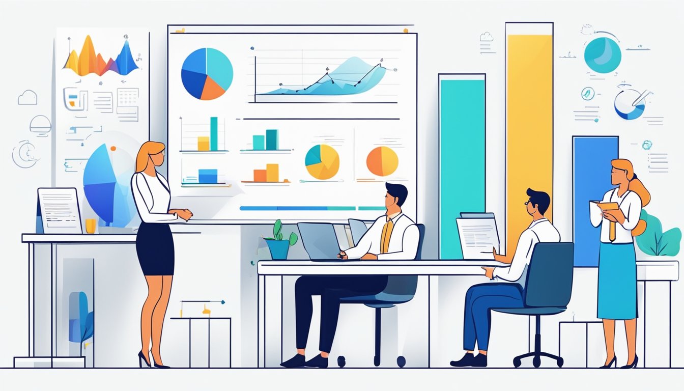 A series of successful business ideas being presented in a professional setting, with charts, graphs, and innovative products on display