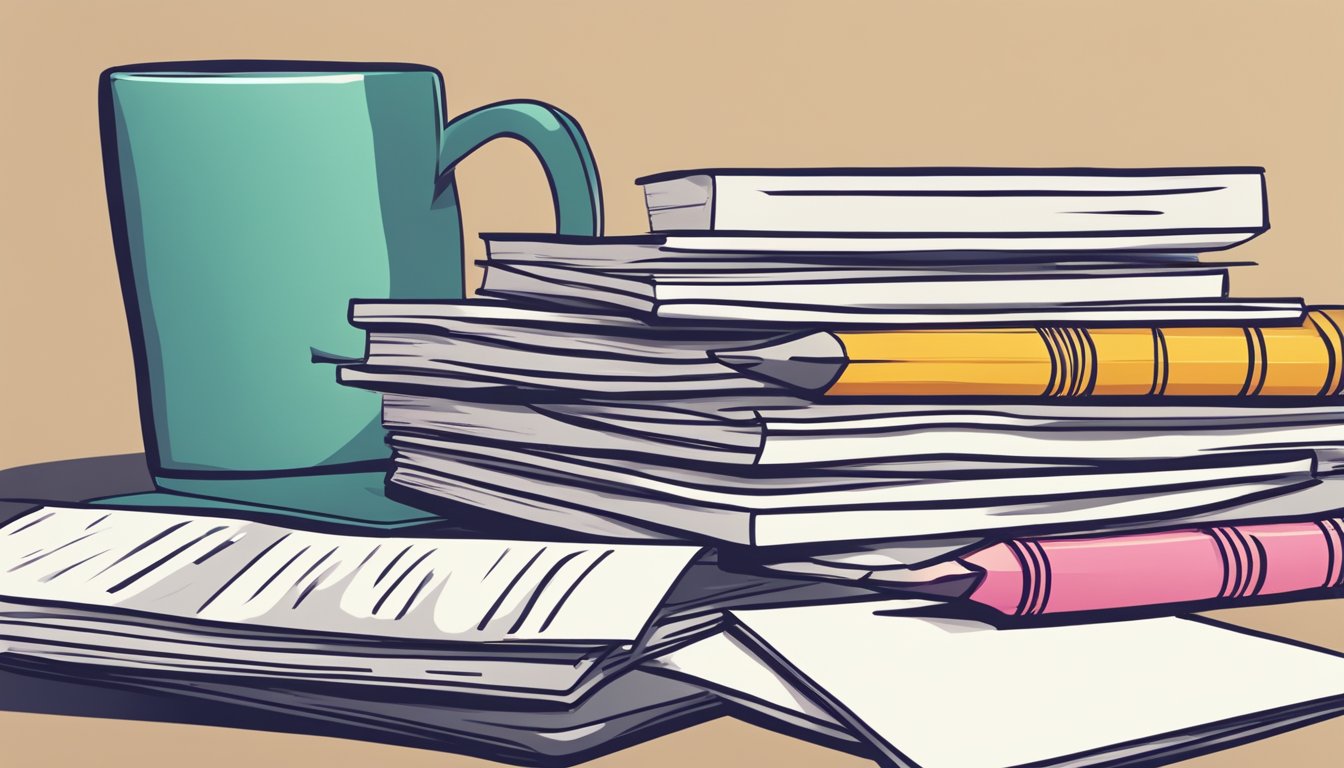 A stack of paper with "Frequently Asked Questions forretningside" printed on top, surrounded by a laptop, pen, and coffee mug