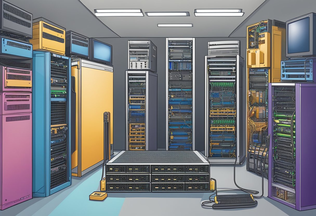 Various network components and technologies, such as routers, switches, and cables, are arranged in a LAN setup