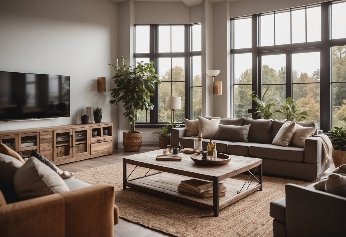 A well-lit, spacious living room with high ceilings, large windows, and stylish furniture arranged in an inviting and open layout