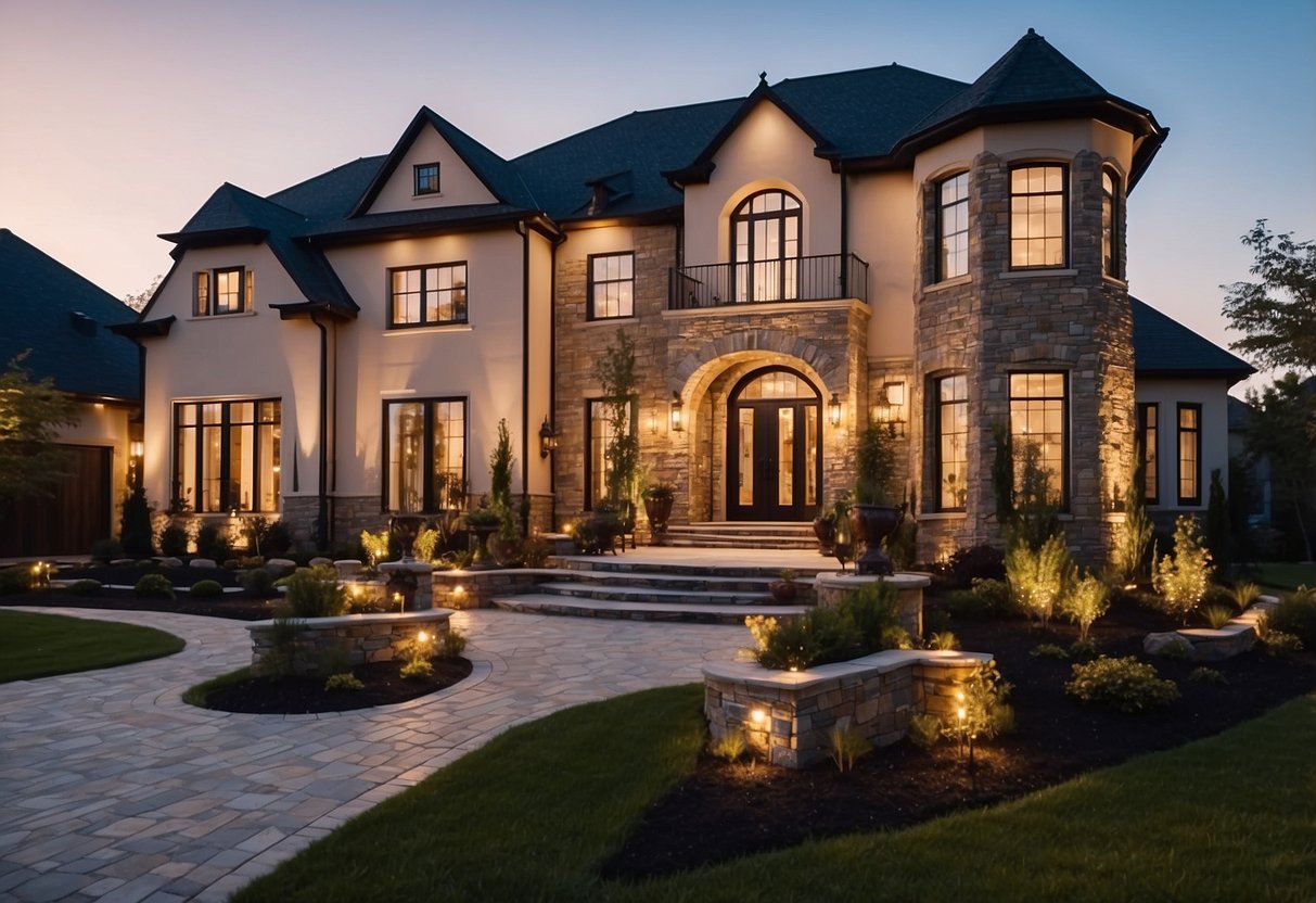 A high-angle shot of a luxury home exterior, with dramatic lighting and a wide-angle lens to showcase the grandeur and elegance of the property