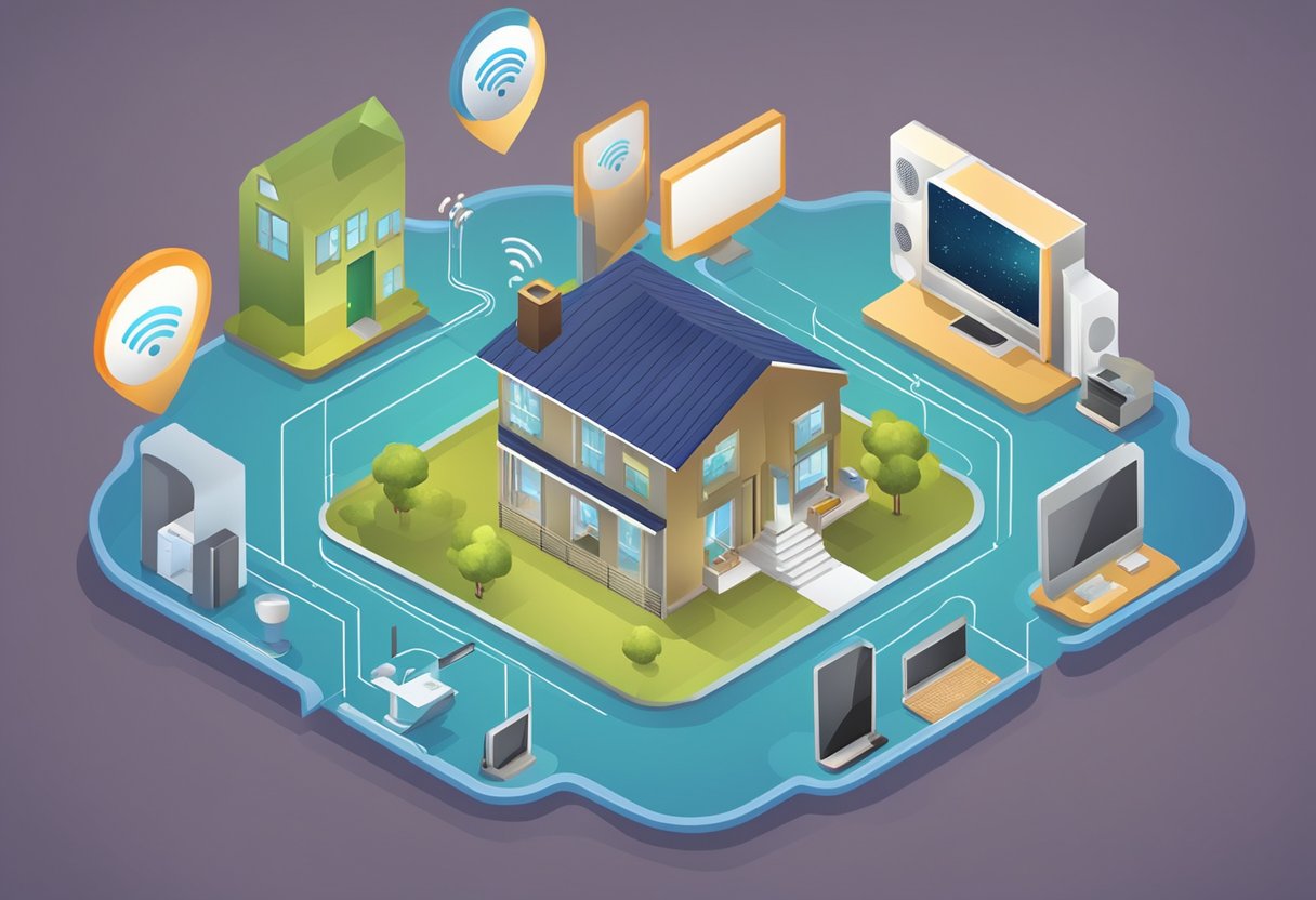 A wireless router connects to various devices in a home, creating a network. Signals radiate from the router, symbolizing the spread of Wi-Fi connectivity