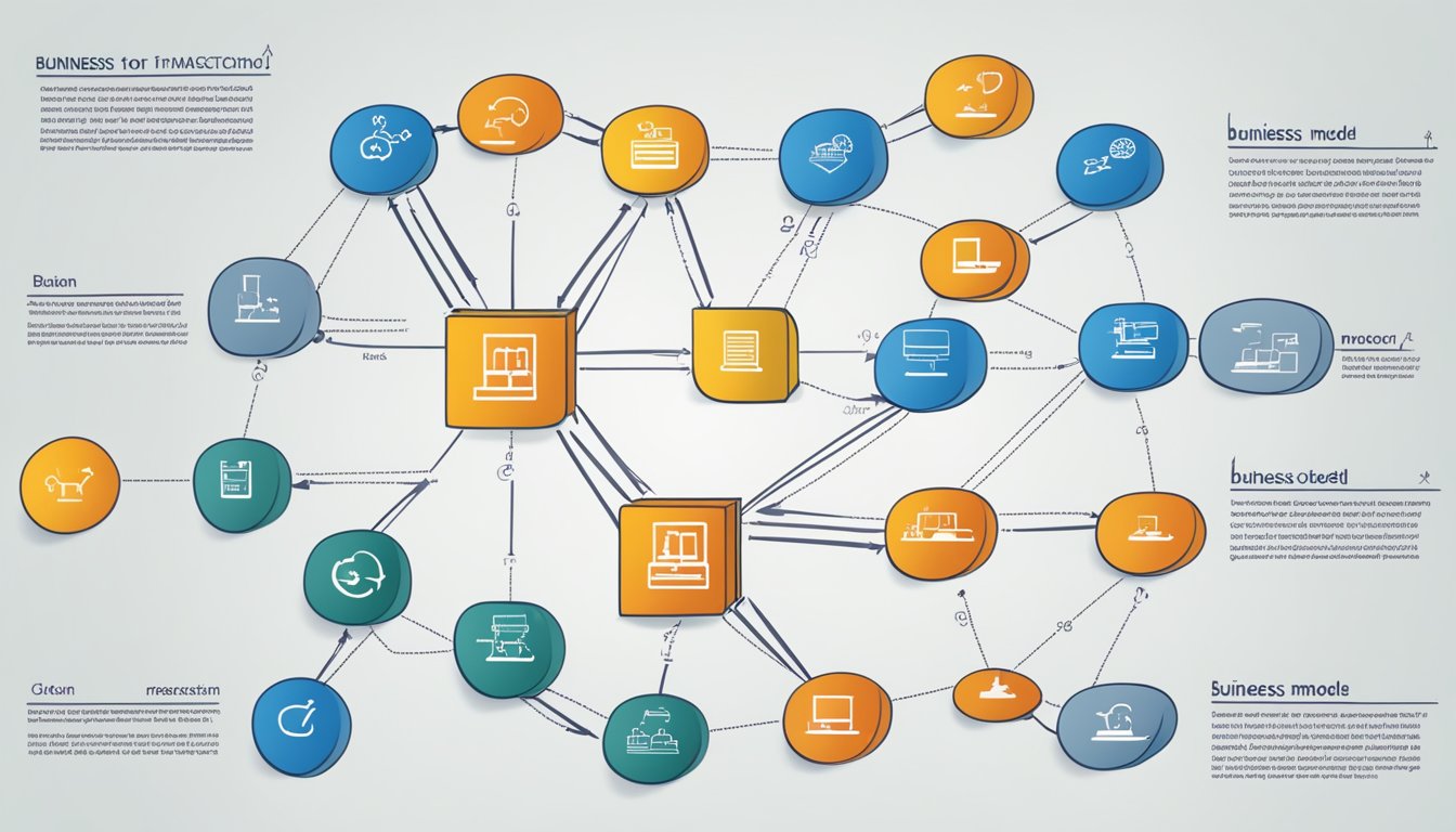 A simple diagram of a business model with interconnected boxes and arrows, representing the various components and relationships within the model