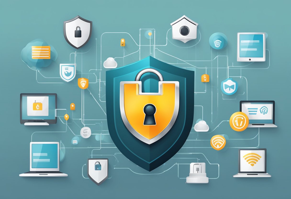 A secure Wi-Fi network with a padlock symbol, shield, and privacy lock icon