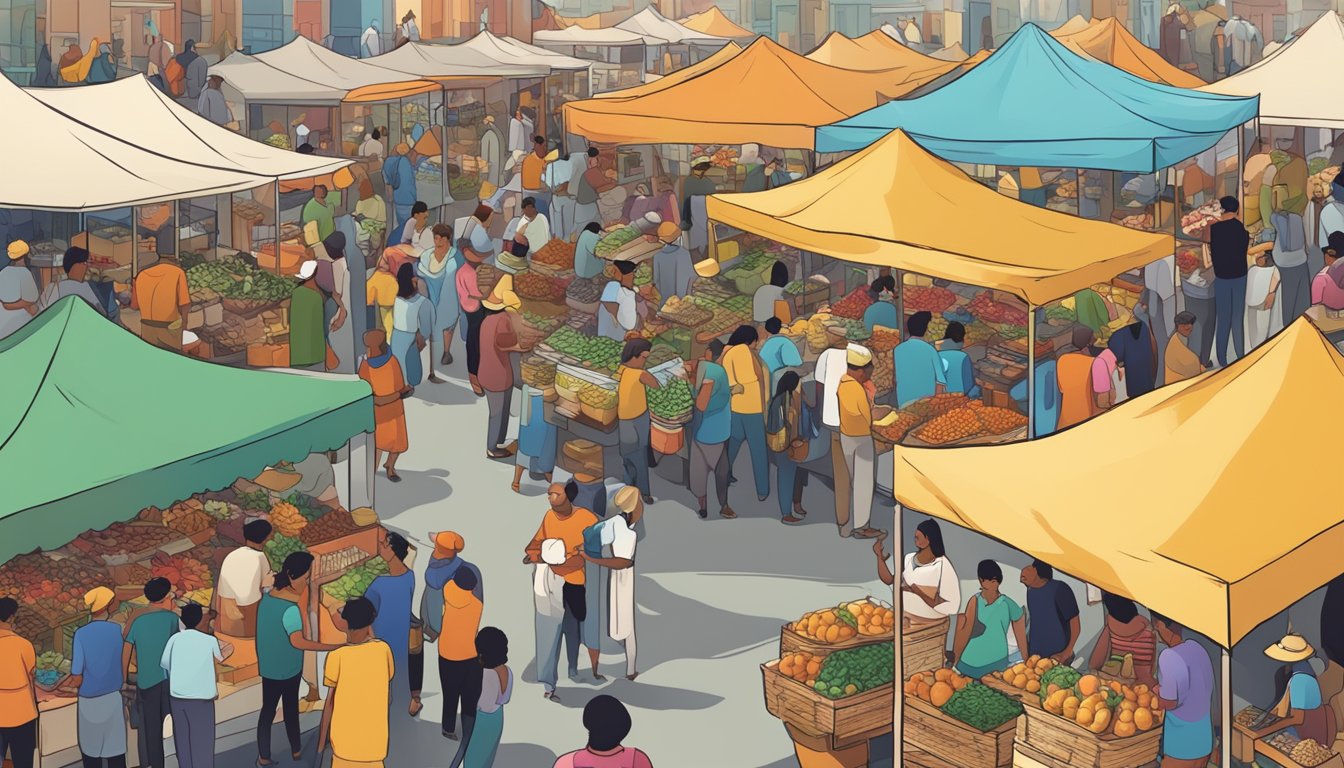 A crowded marketplace with vendors selling goods and customers browsing