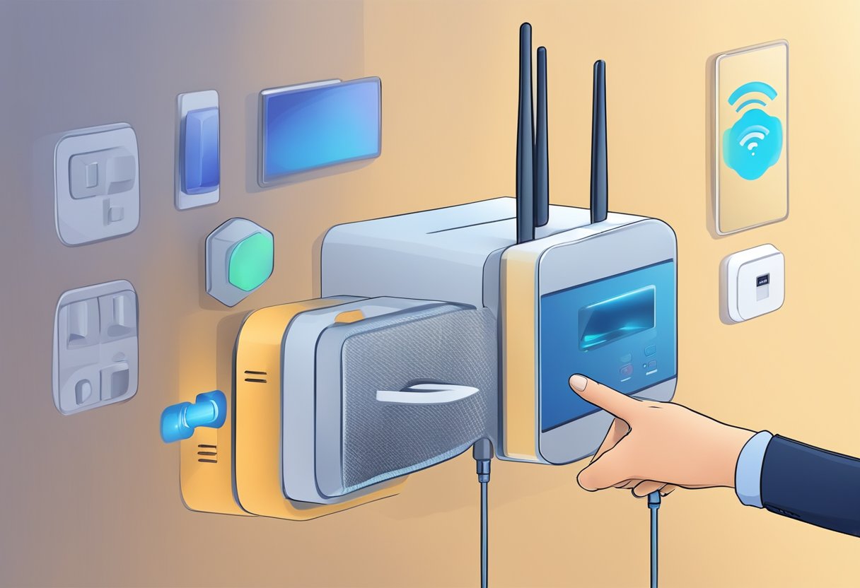 A hand reaches to install and place a wifi extender