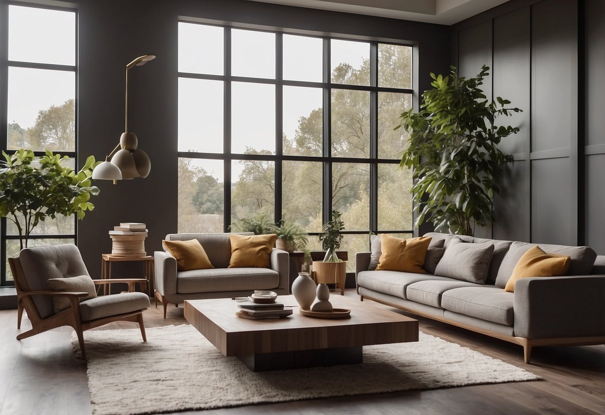 A bright, spacious living room with natural light streaming in, showcasing elegant furniture and modern decor. A focal point, such as a fireplace or large window, draws the eye