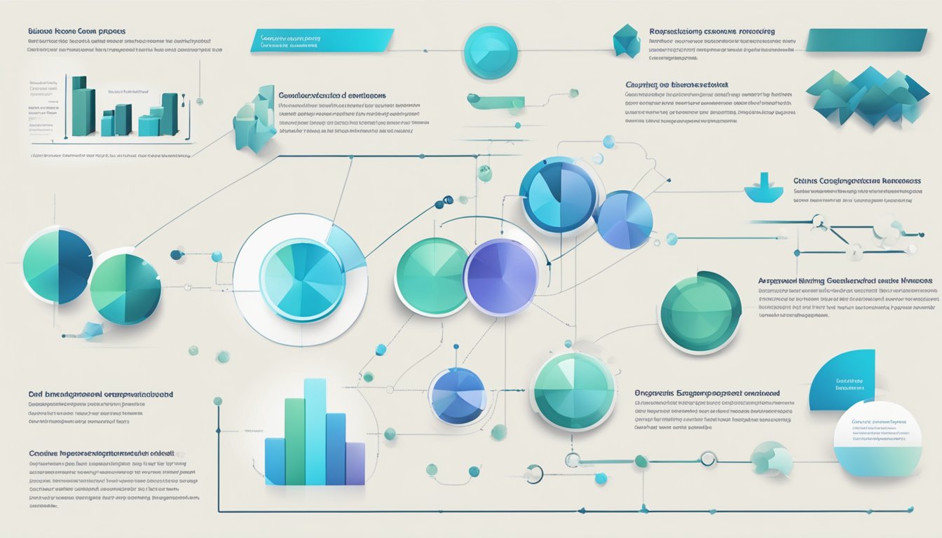 A diagram showcasing various growth and scaling strategies for a business model, including charts, graphs, and arrows indicating progress and expansion