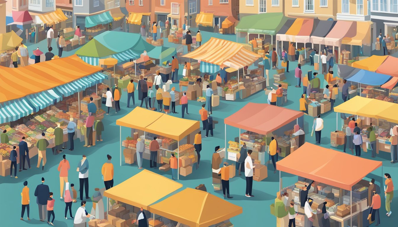 A crowded marketplace with various vendors competing for attention and positioning their products strategically