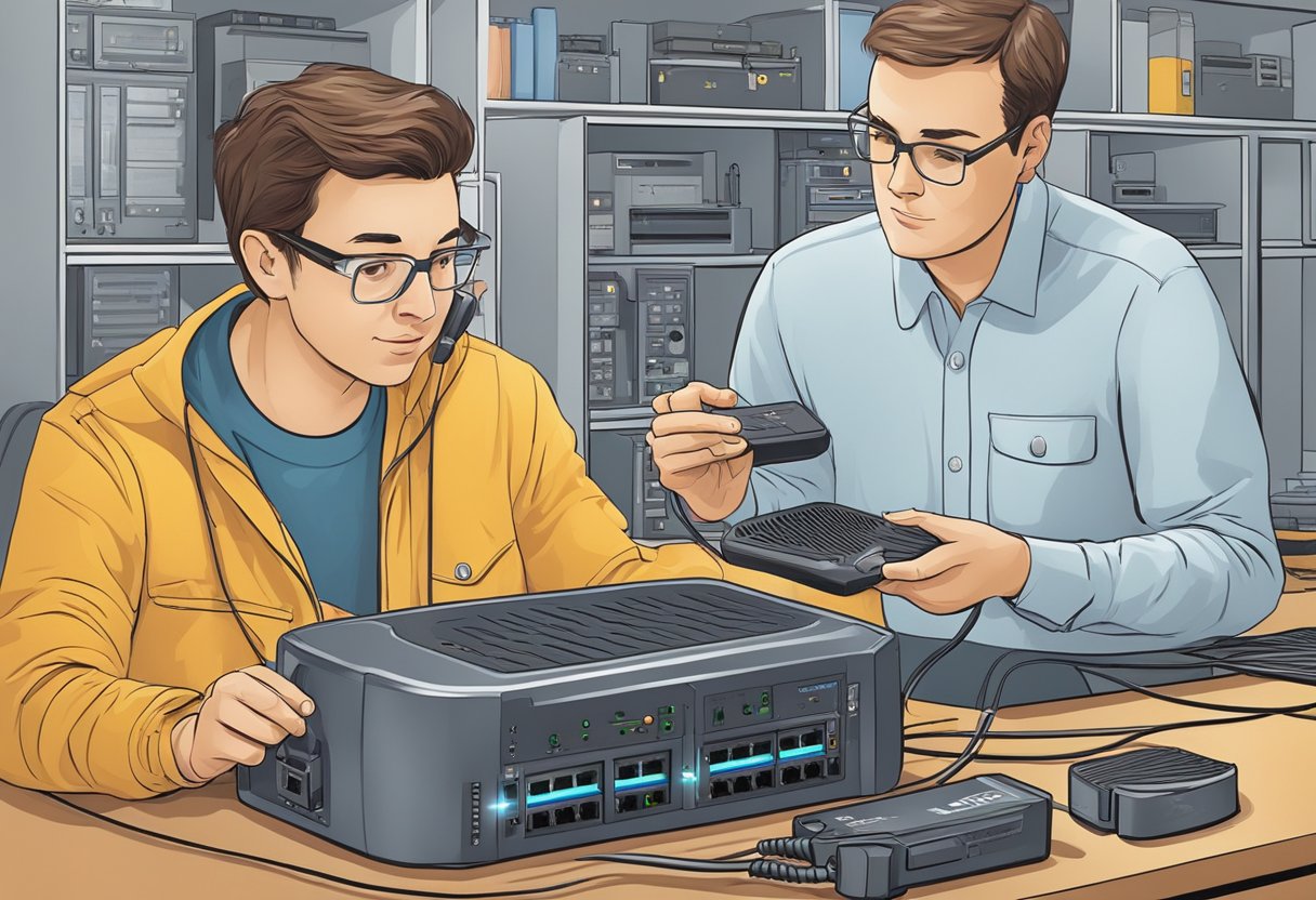 A technician disconnects cables from a router and plugs them into a new modem, while a customer looks on