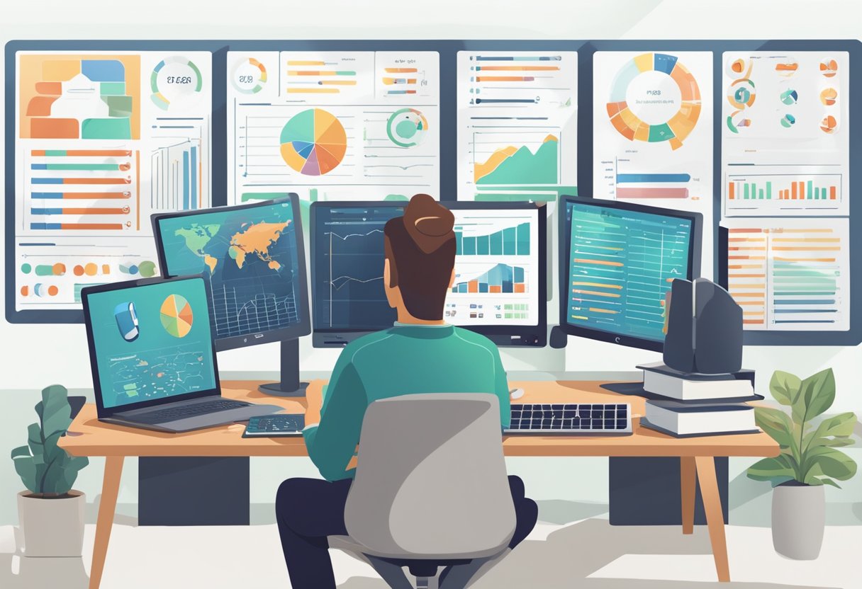 A person comparing different broadband providers on a computer, surrounded by charts and graphs