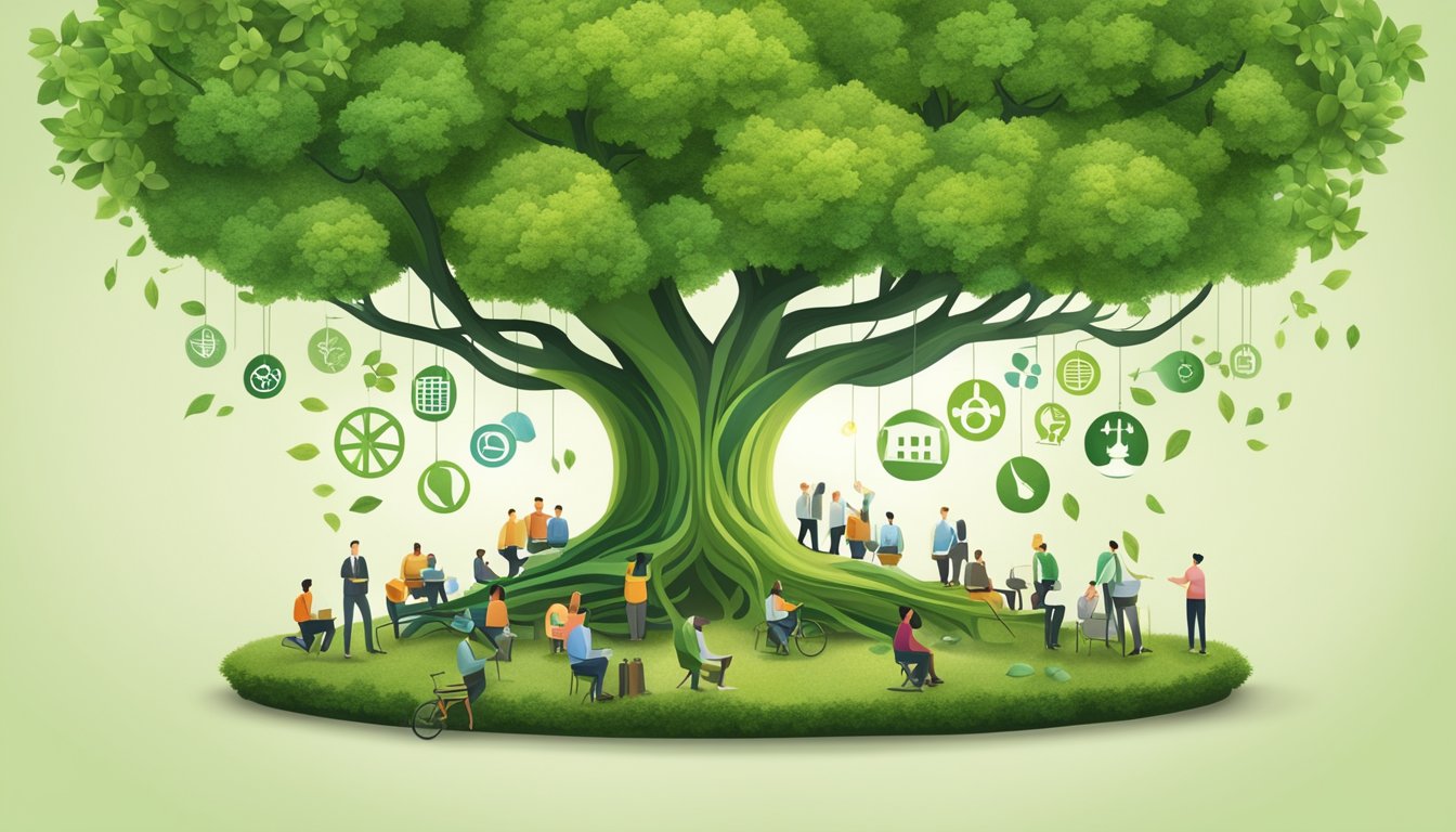 A green tree with roots intertwined with community symbols, surrounded by sustainable energy sources and diverse people working together
