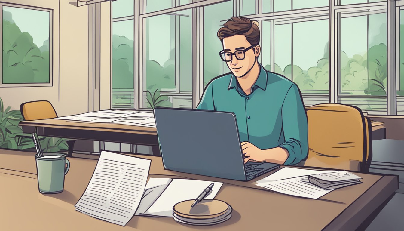 A table with a laptop, papers, and a pen. A sign with "Frequently Asked Questions forretningsmodell" displayed. A person reading the sign