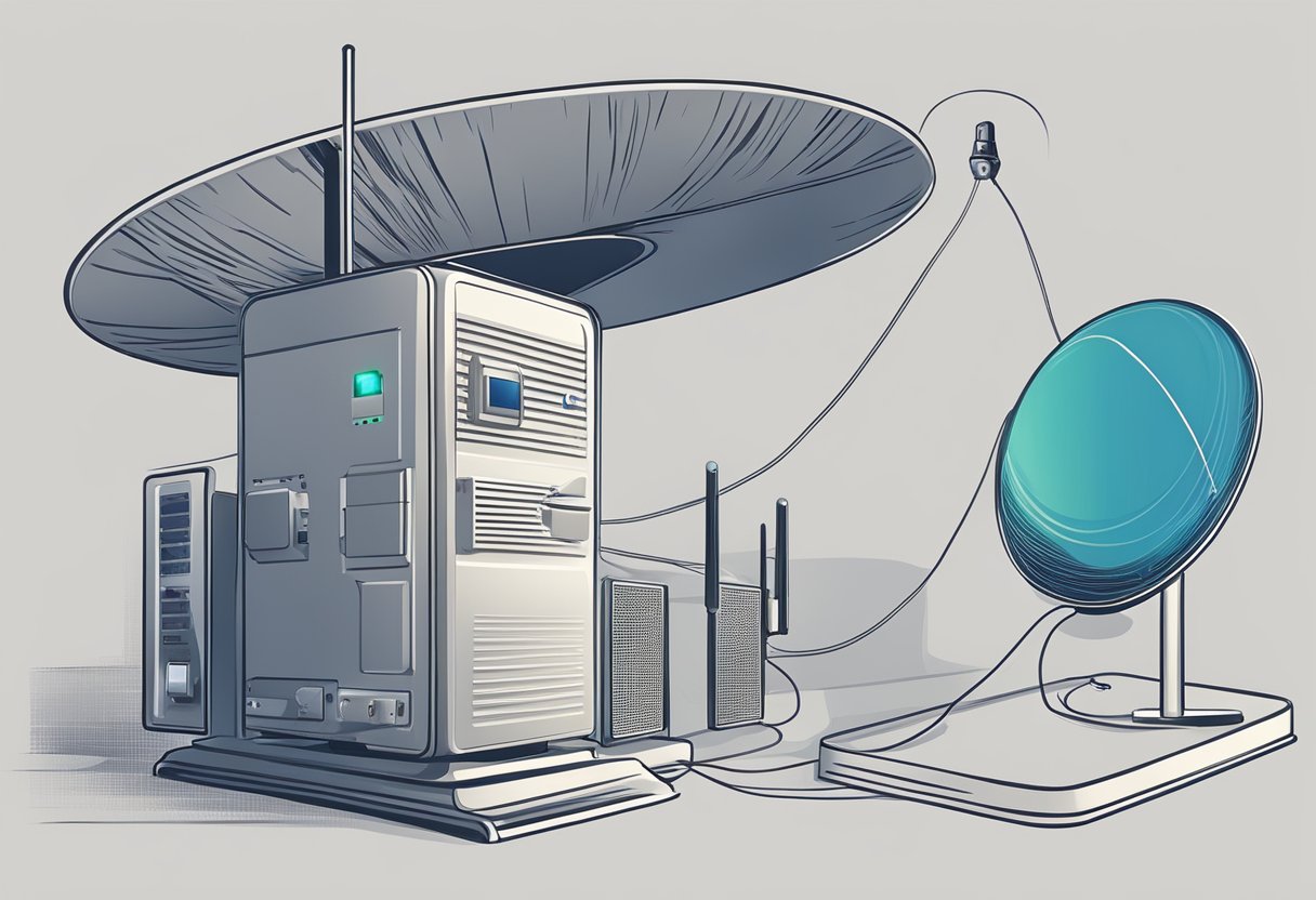 A modem and router connected to a satellite dish, transmitting high-speed internet without the need for fiber or a telephone jack