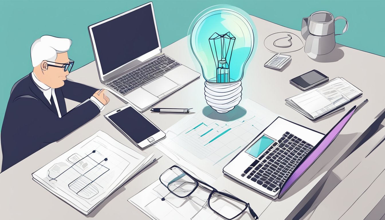 A table with a laptop, pen, and paper. A graph showing growth. A handshake between two people. A light bulb representing ideas