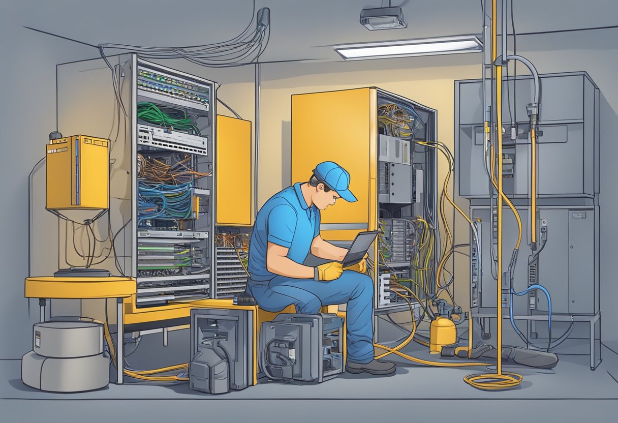 A technician installs a broadband connection, connecting cables and equipment