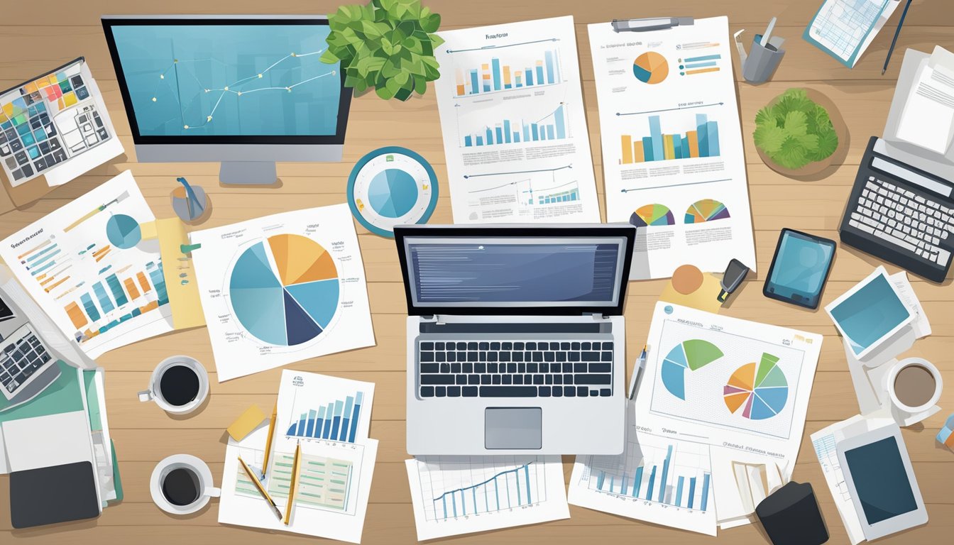 A detailed business plan and development strategy being drafted on a desk with charts, graphs, and a computer