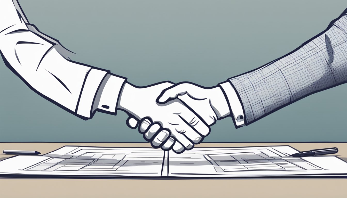 A handshake between two business partners in front of a collaborative business plan
