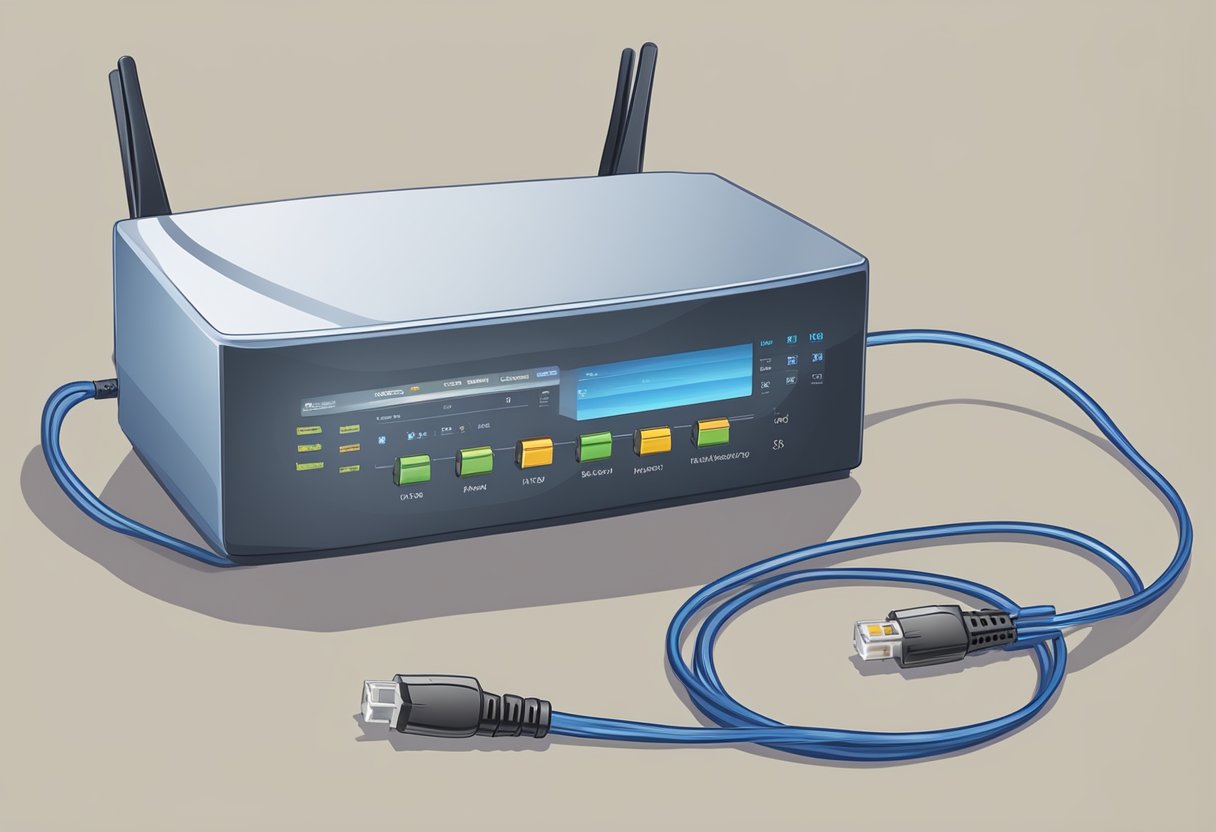 A modem connected to a router with cables, alongside a price list for broadband internet services