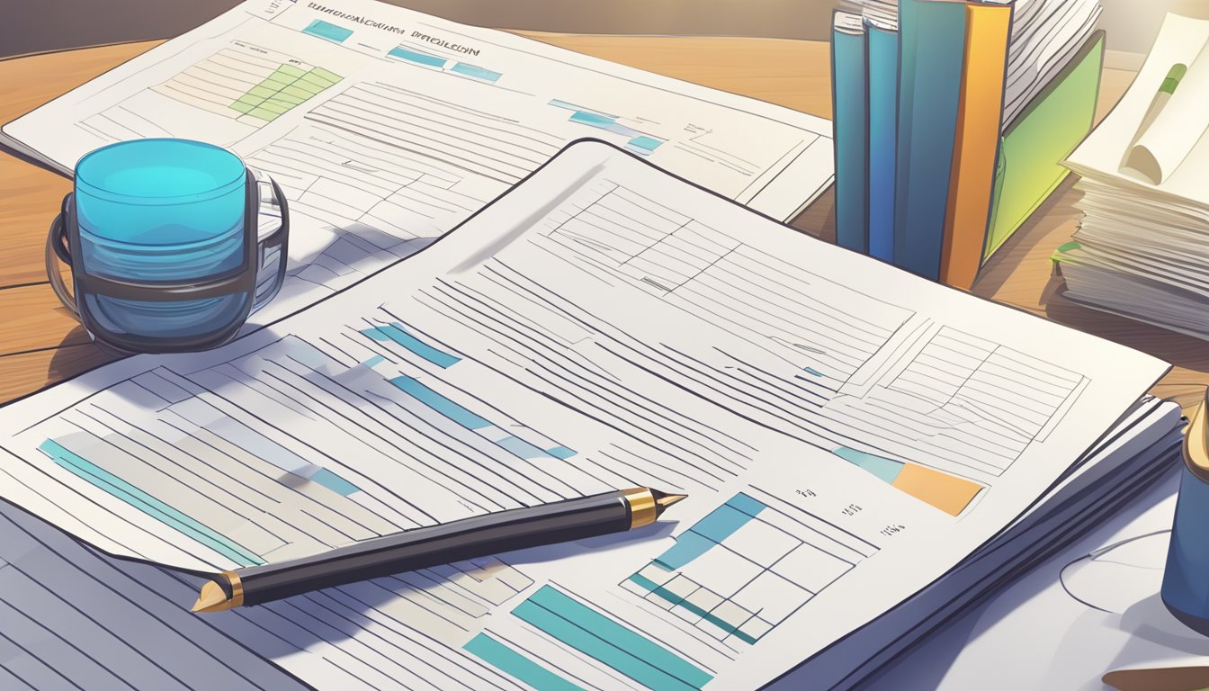 A table with legal documents, regulations, and a business plan. Compliance checklist and legal guidelines in the background