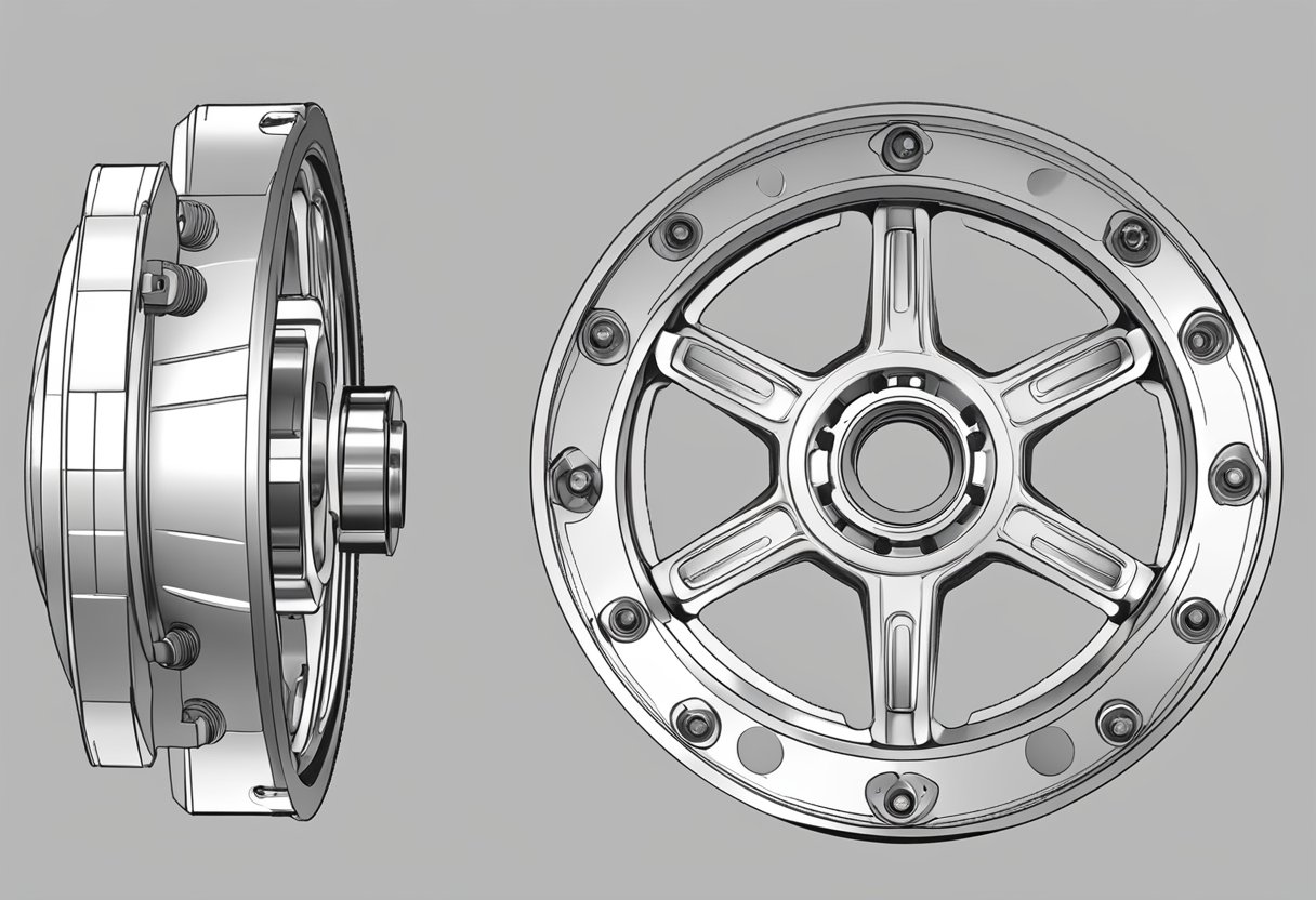 A circular wheel hub with bolt patterns and guide markings