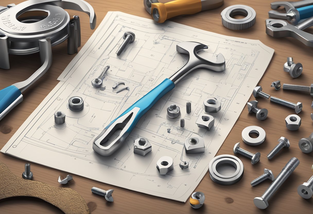 A close-up of a Bultcirkelguiden manual open on a table, with a wrench and a set of bolts scattered around it