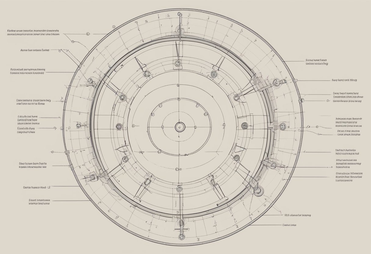 A circle of bolts arranged in a guide, with measurements and markings for reference