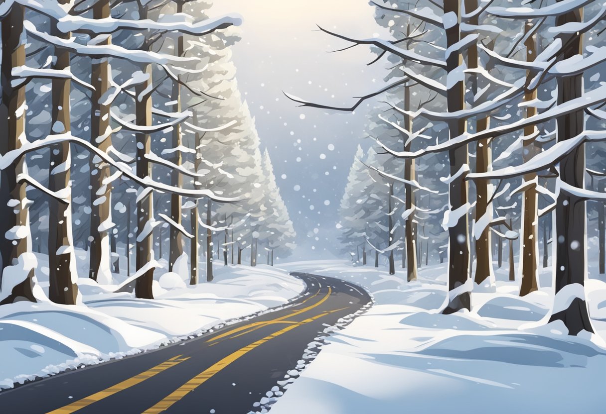 A snowy road with tire tracks, surrounded by snow-covered trees and a sign indicating the requirement for winter tires