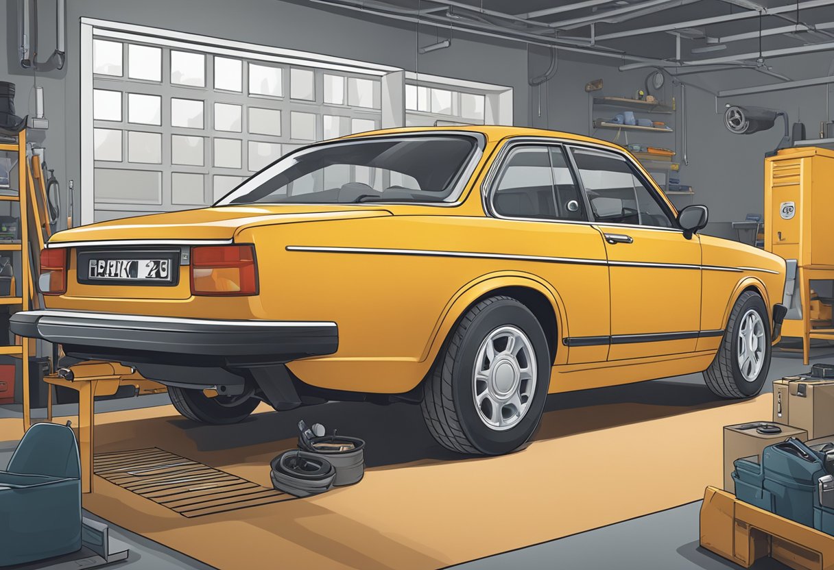 A Volvo car parked in a garage, with a mechanic using a practical guide to adjust the bolt pattern on the wheels