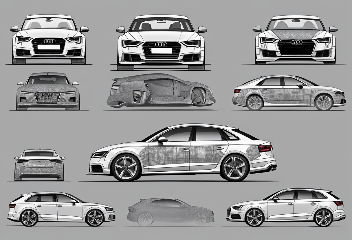 Audi model specifications laid out with bultmönster pattern, ready for illustration