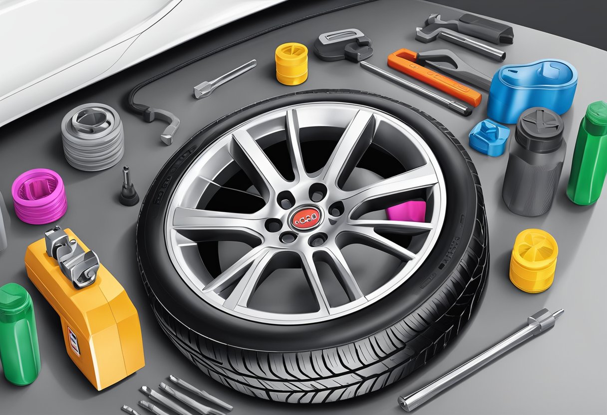 Audi bolt pattern installation and security. A set of tools and equipment arranged around a car wheel