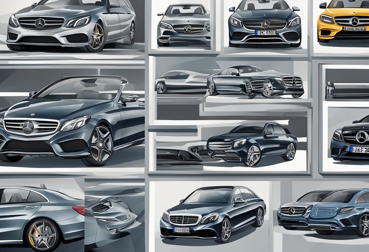 A close-up of various Mercedes models with their specific bolt patterns displayed prominently