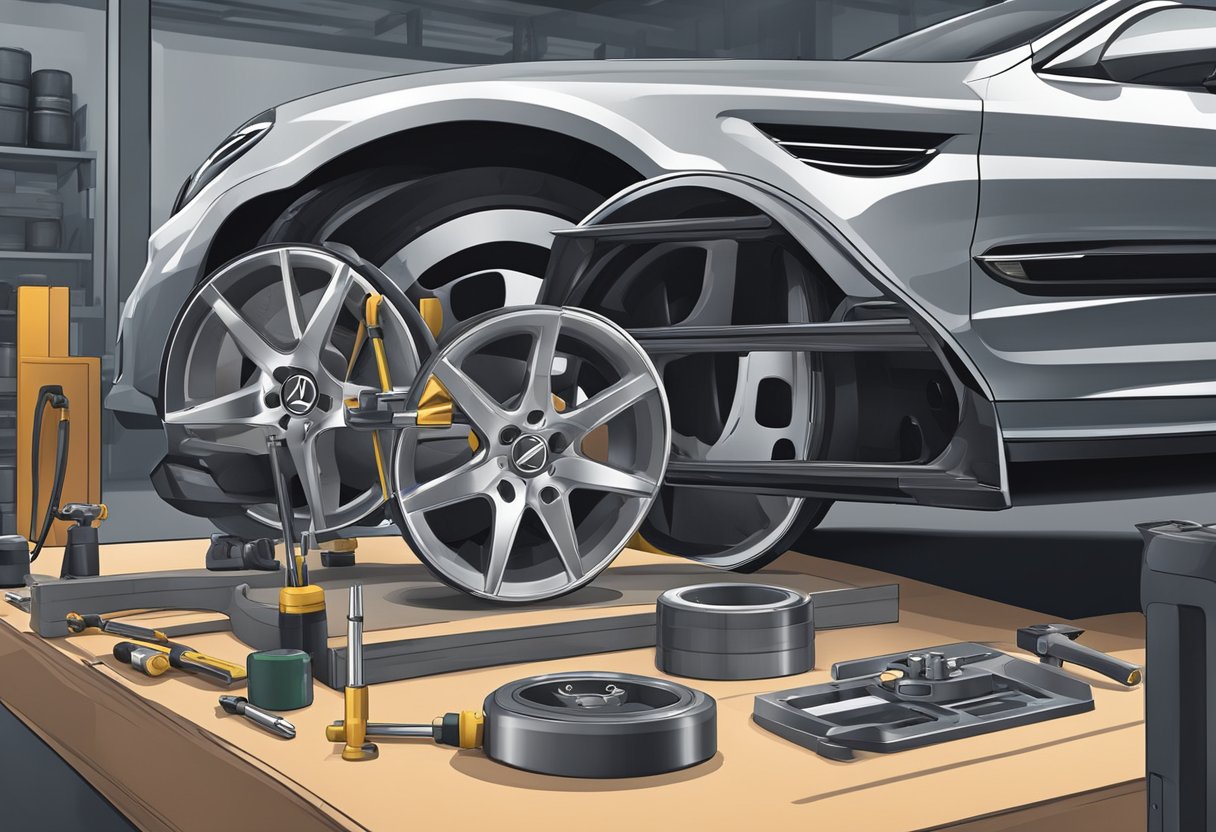 A Mercedes car wheel being measured and analyzed with tools in a workshop setting