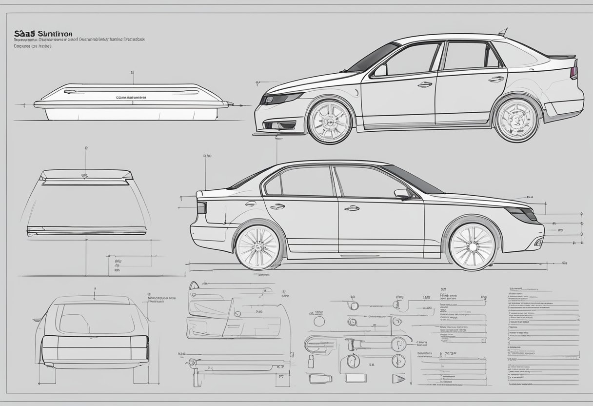 A Saab model information sheet with bolt patterns, laid out on a clean, white table