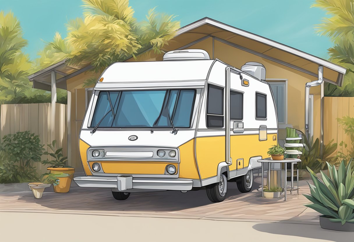 A caravan parked next to a house, with a focus on the wheel hub and bolt pattern for compatibility and use