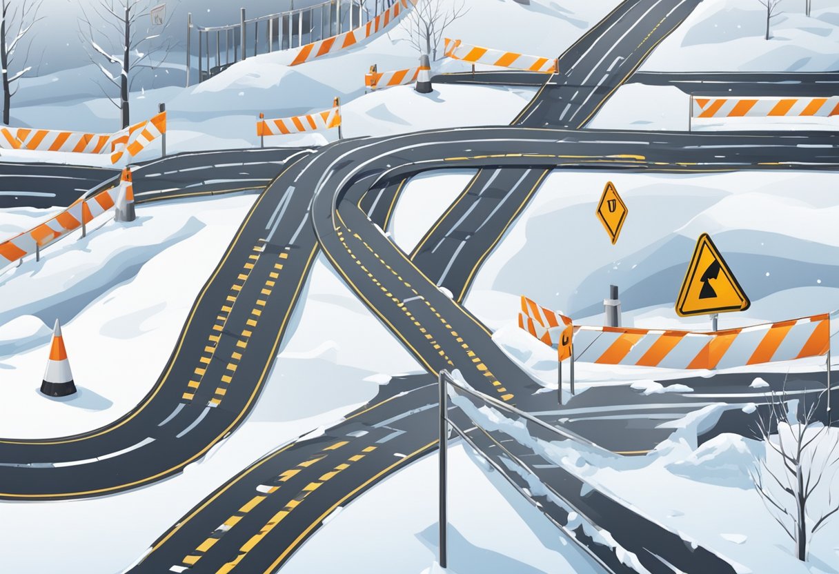 A snowy road with icy patches and tire tracks, surrounded by warning signs and safety barriers