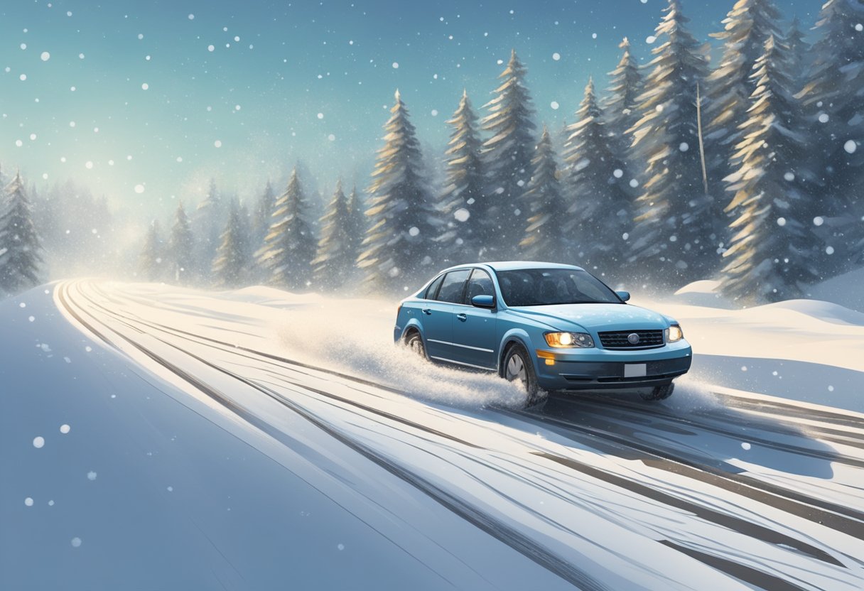 A car driving cautiously on a snow-covered road, with tire tracks visible and snowflakes falling from the sky