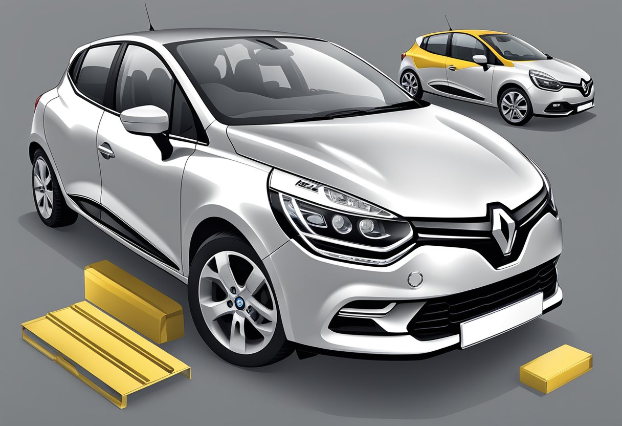 The illustration shows a Renault Clio with its wheel bolt pattern and compatibility displayed prominently