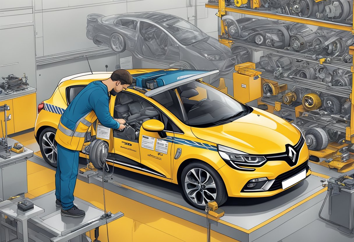 A Renault Clio with a mechanic examining the bolt pattern, surrounded by a guidebook and tools