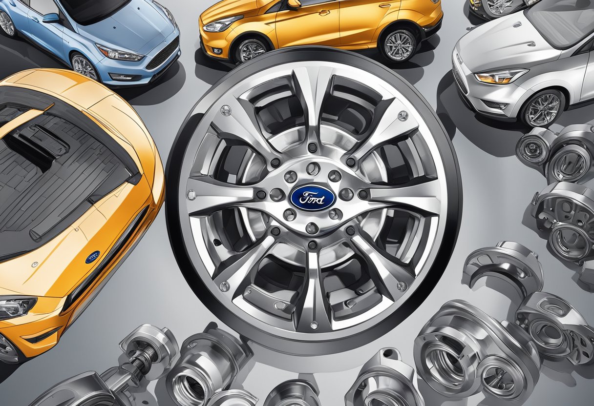 A Ford Focus wheel hub with a bolt pattern, surrounded by various vehicle models, showcasing compatibility