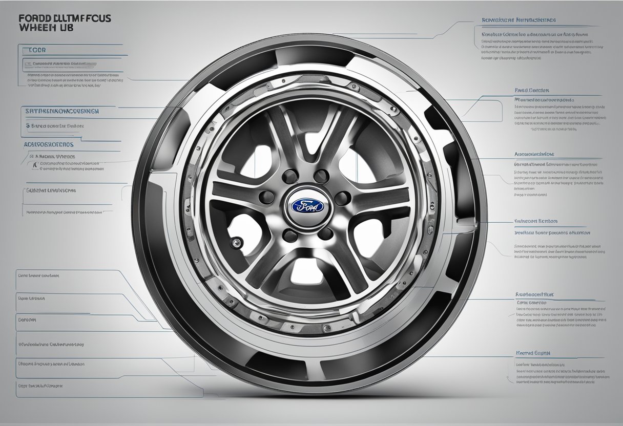 A close-up of the Ford Focus wheel hub with the bultmönster pattern clearly visible, surrounded by technical specifications and buying guide text