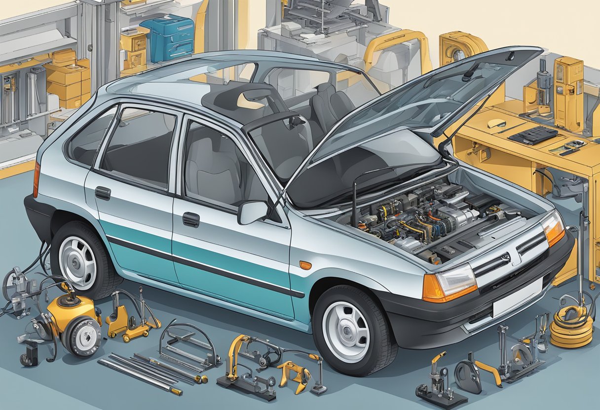 A Peugeot car surrounded by technical tools and measurement instruments, with a focus on the bolt pattern