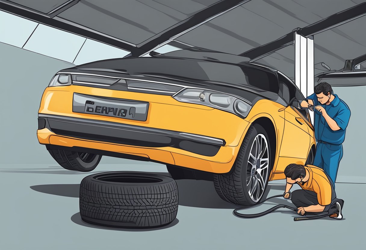 A tire being changed on a car using a jack and a tire iron