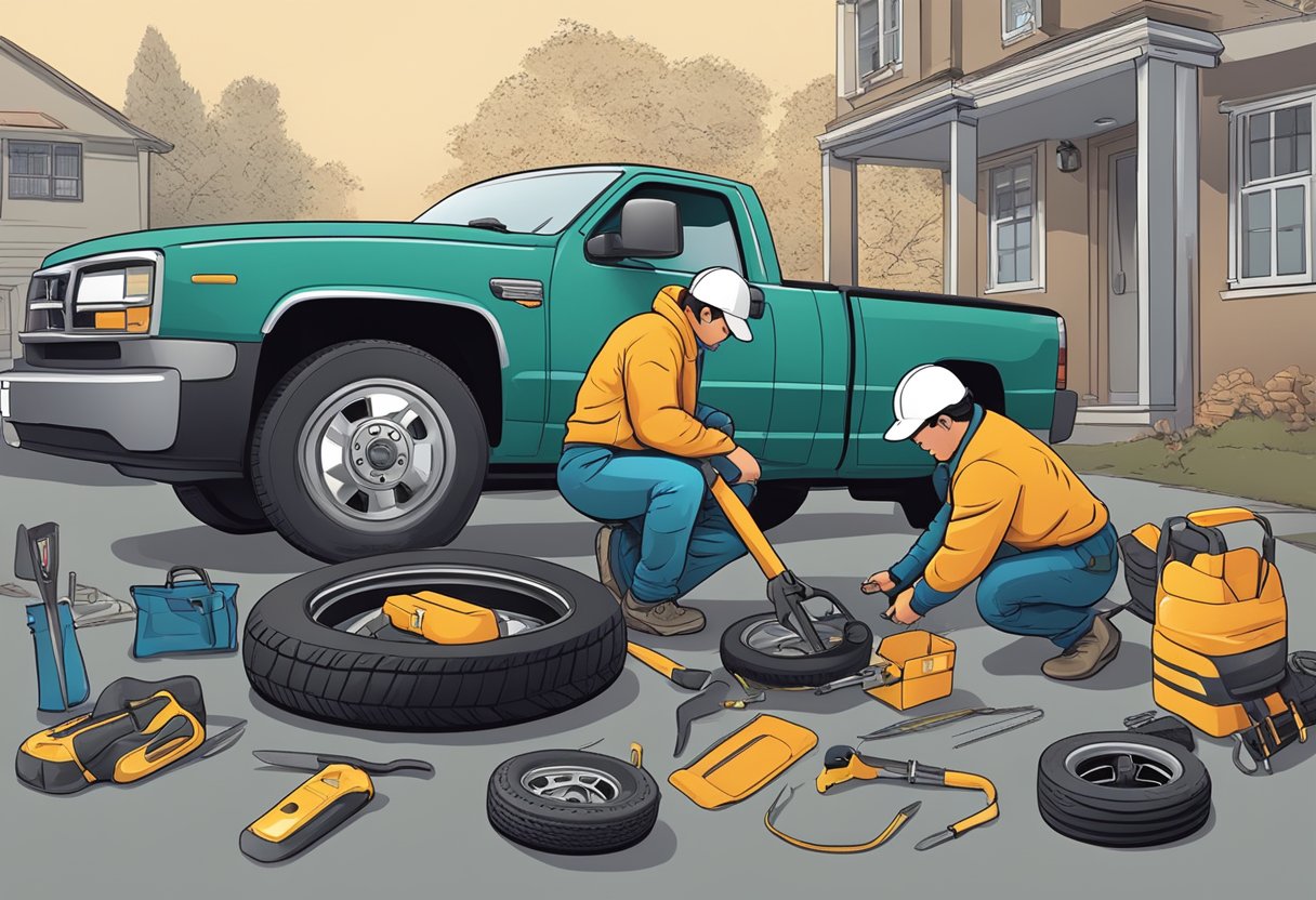 A person changing a tire with tools and equipment scattered around on the ground