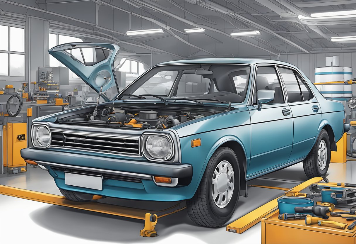 A Toyota Corolla being serviced with technical information and maintenance tools