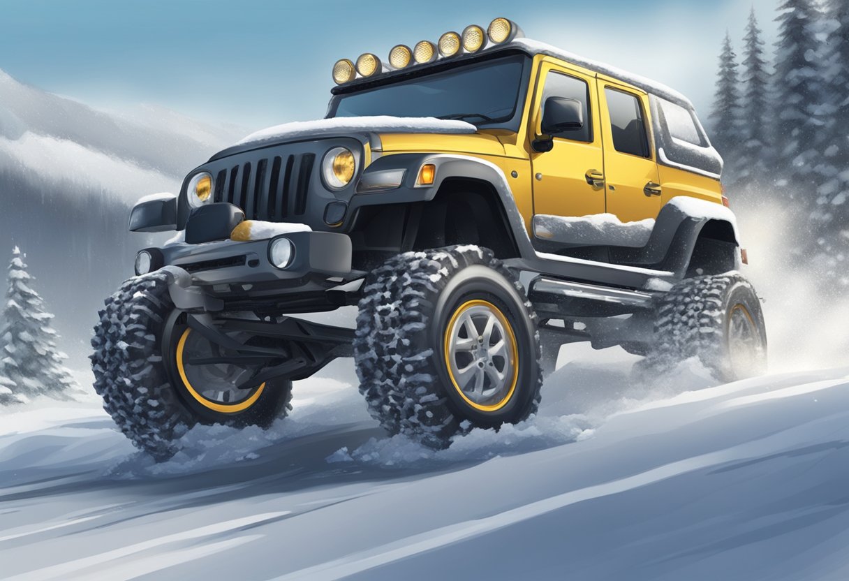 A car driving on a snowy road, with one set of tires featuring deep, rugged treads (friction tires) and the other set studded with metal spikes (studded tires)