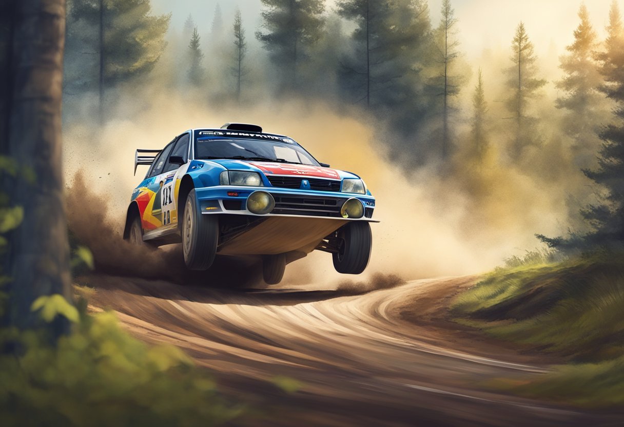 A rally car speeds through the winding forest roads of Värmland, kicking up dust and leaves as it navigates the challenging terrain