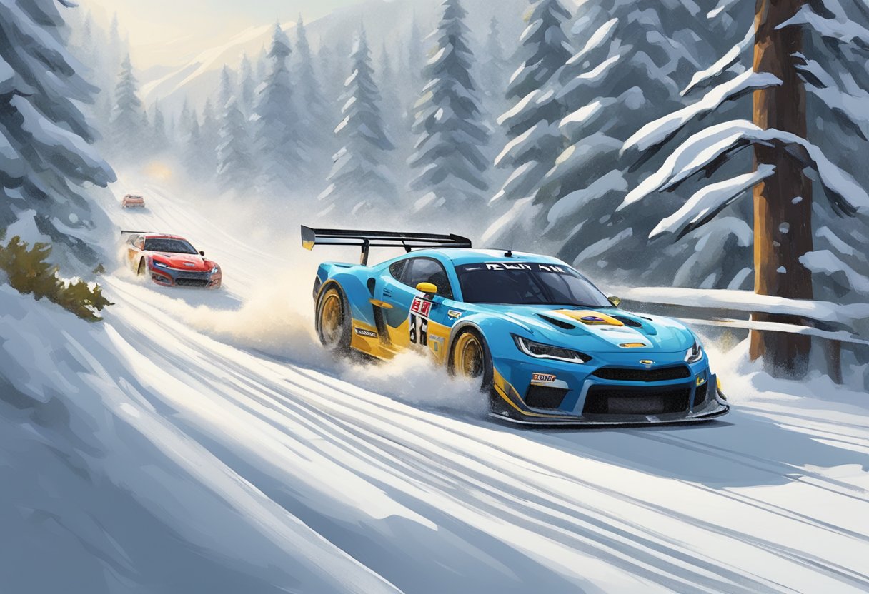 Cars racing through snowy forest, kicking up powdery snow. Spectators line the track, cheering as the vehicles speed by