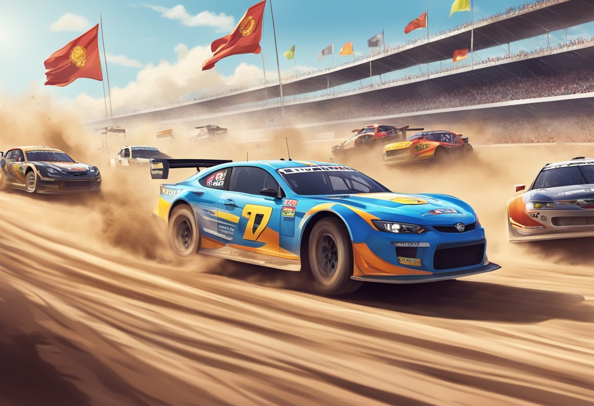 Cars racing on a dirt track, kicking up clouds of dust. Spectators line the edge, cheering as the vehicles speed by. Flags and banners wave in the wind, adding to the excitement