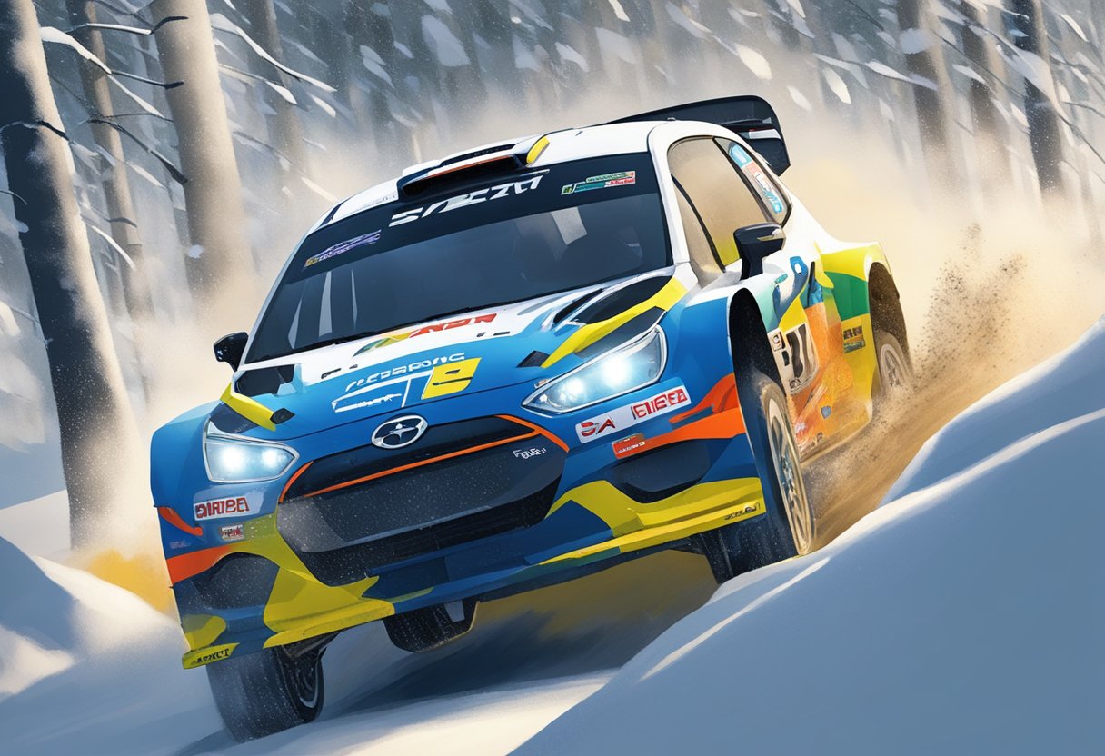 Cars speeding through snowy forest track in Rally Sverige 2024. Audience cheering at the sidelines